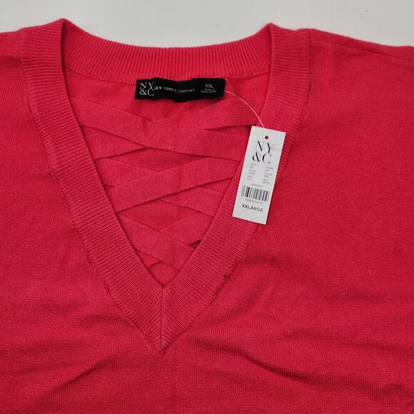 New York & Company Criss Cross V-Neck Pullover Sweater Size XXL Hot Pink Knit - Picture 3 of 10